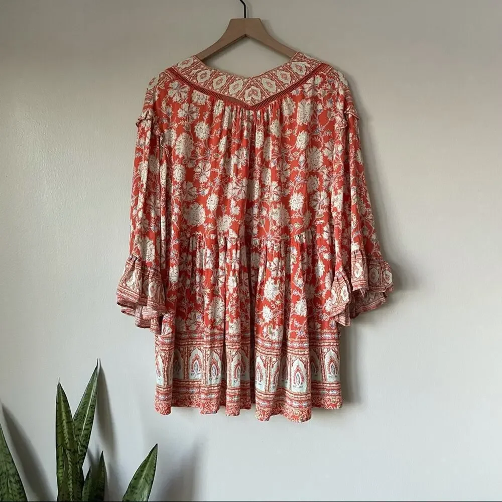 Free People Moonlight Dance Red Orange Boho Printed Tunic
